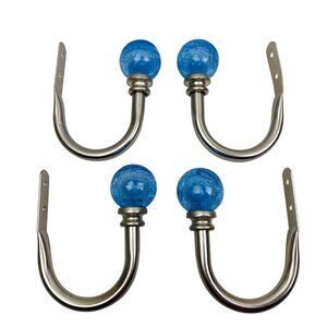 Set Of 4 Blue Crackle Glass Globe Ball Curtain Tiebacks or Wall Hooks Hangers